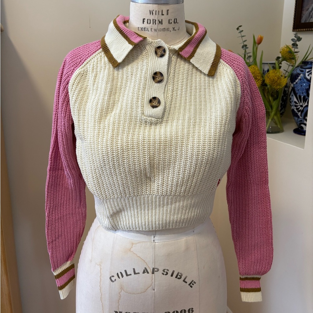 BDG Urban Outfitters Pink and Cream Button-Up Sweater
